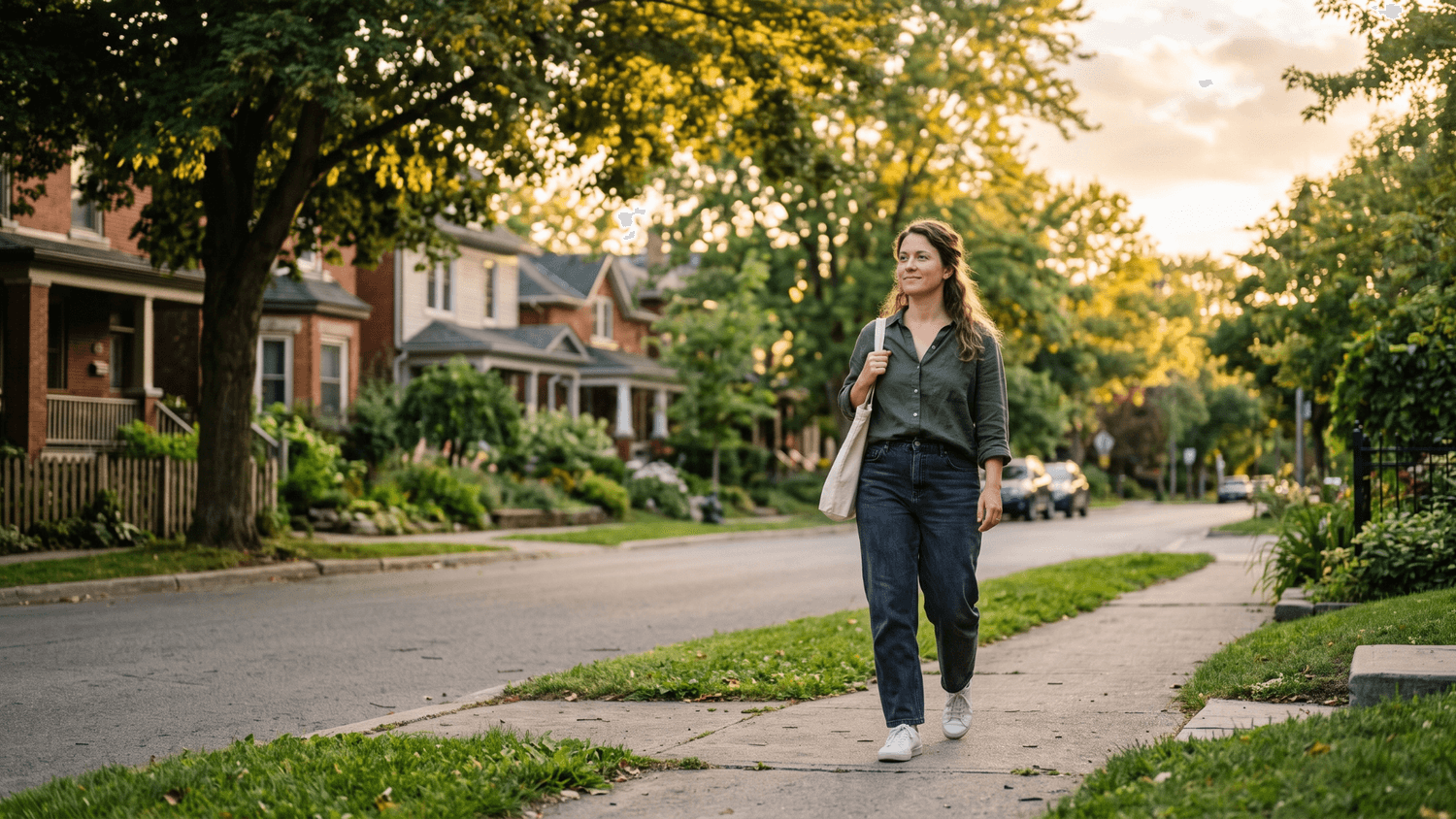 Person taking a peaceful walk through a quiet neighborhood during golden hour, enjoying a calm and supportive routine.