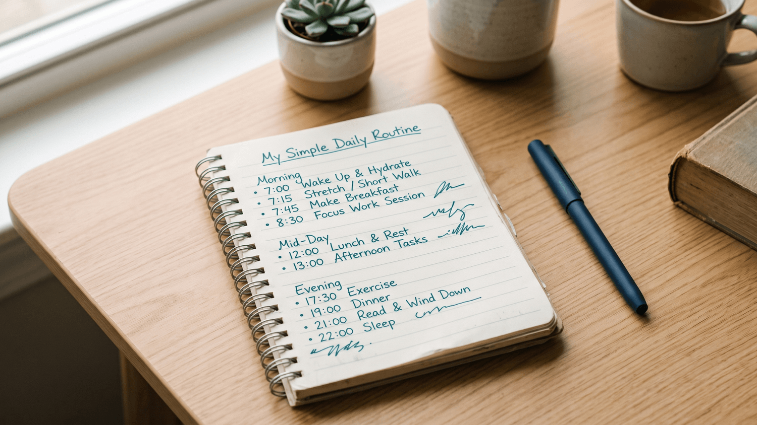 Overhead view of a notebook showing a simple daily routine with a pen on a clean desk in natural light.