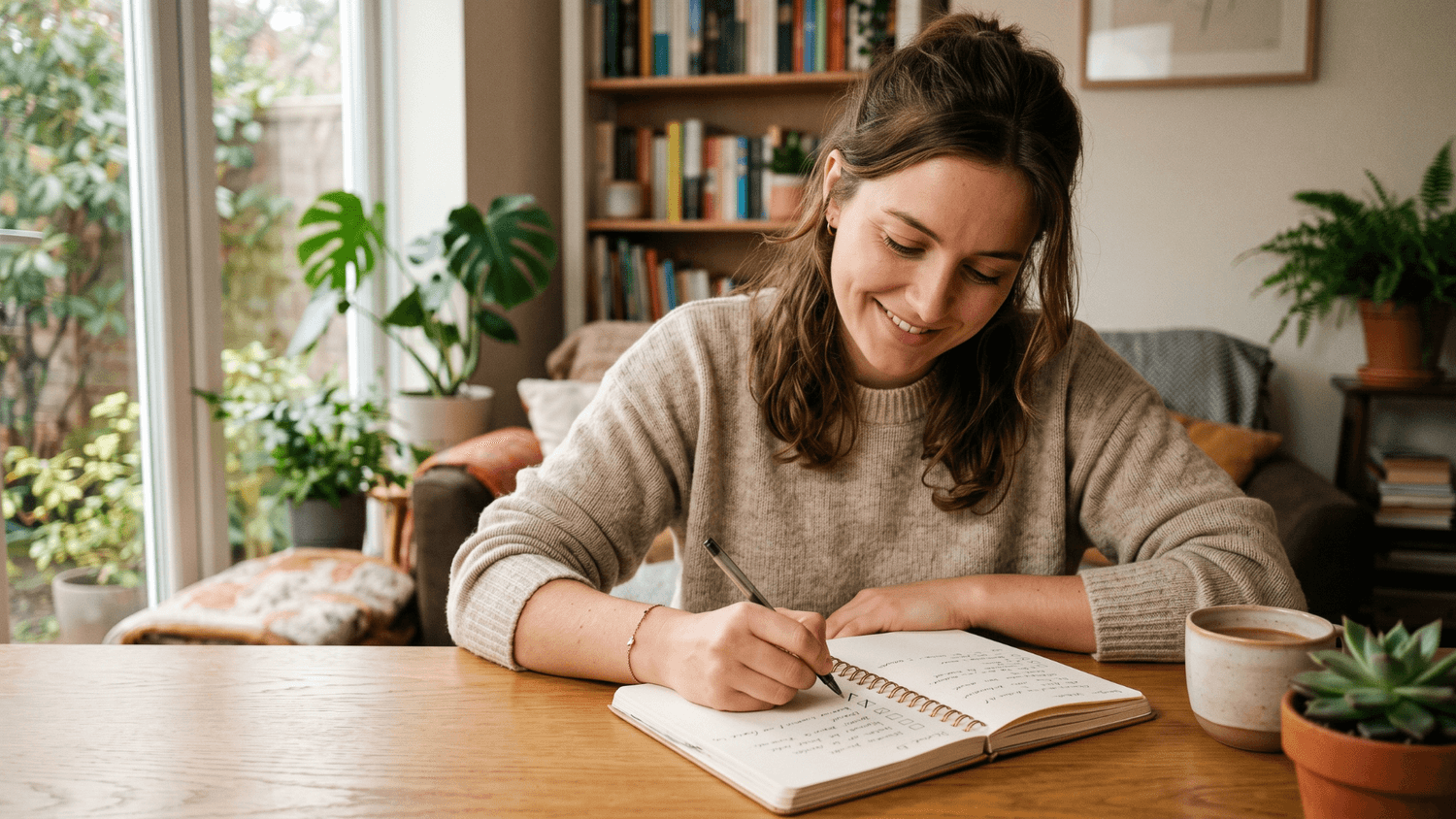 Person smiling while checking off a completed task in a notebook, reflecting the satisfaction of small daily progress.