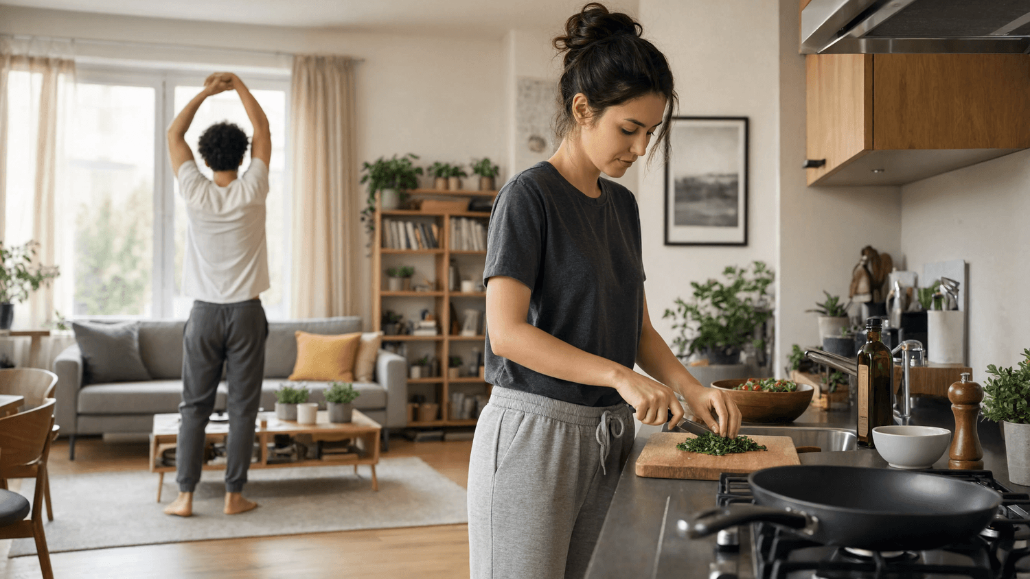 Person moving through a calm home routine, transitioning from light stretching to preparing a simple meal in a bright, organized space.