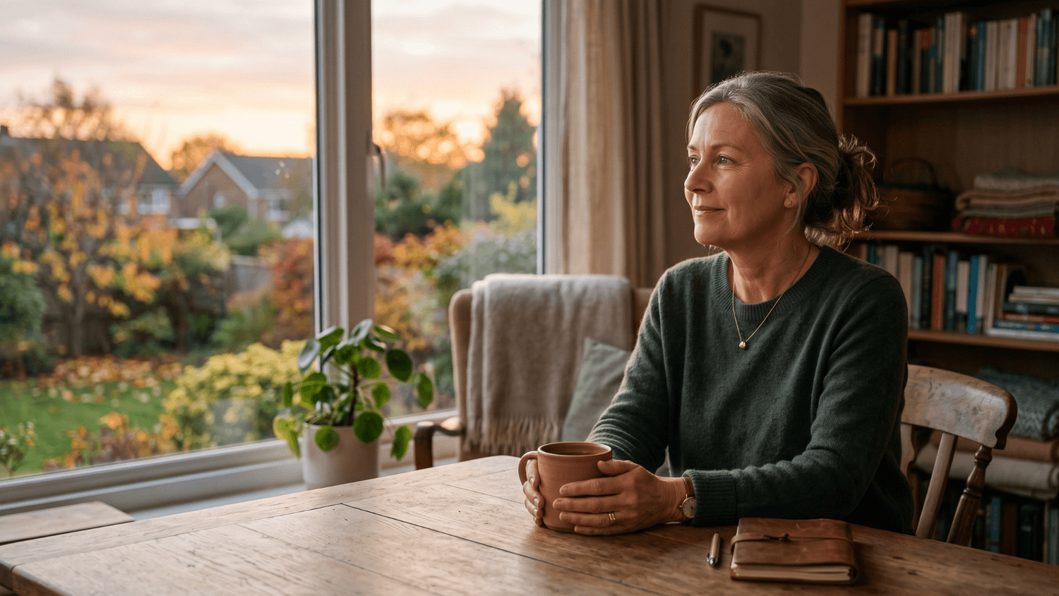 Person relaxing at the end of the day with a calm expression, reflecting on a balanced routine in a warm, peaceful home environment.