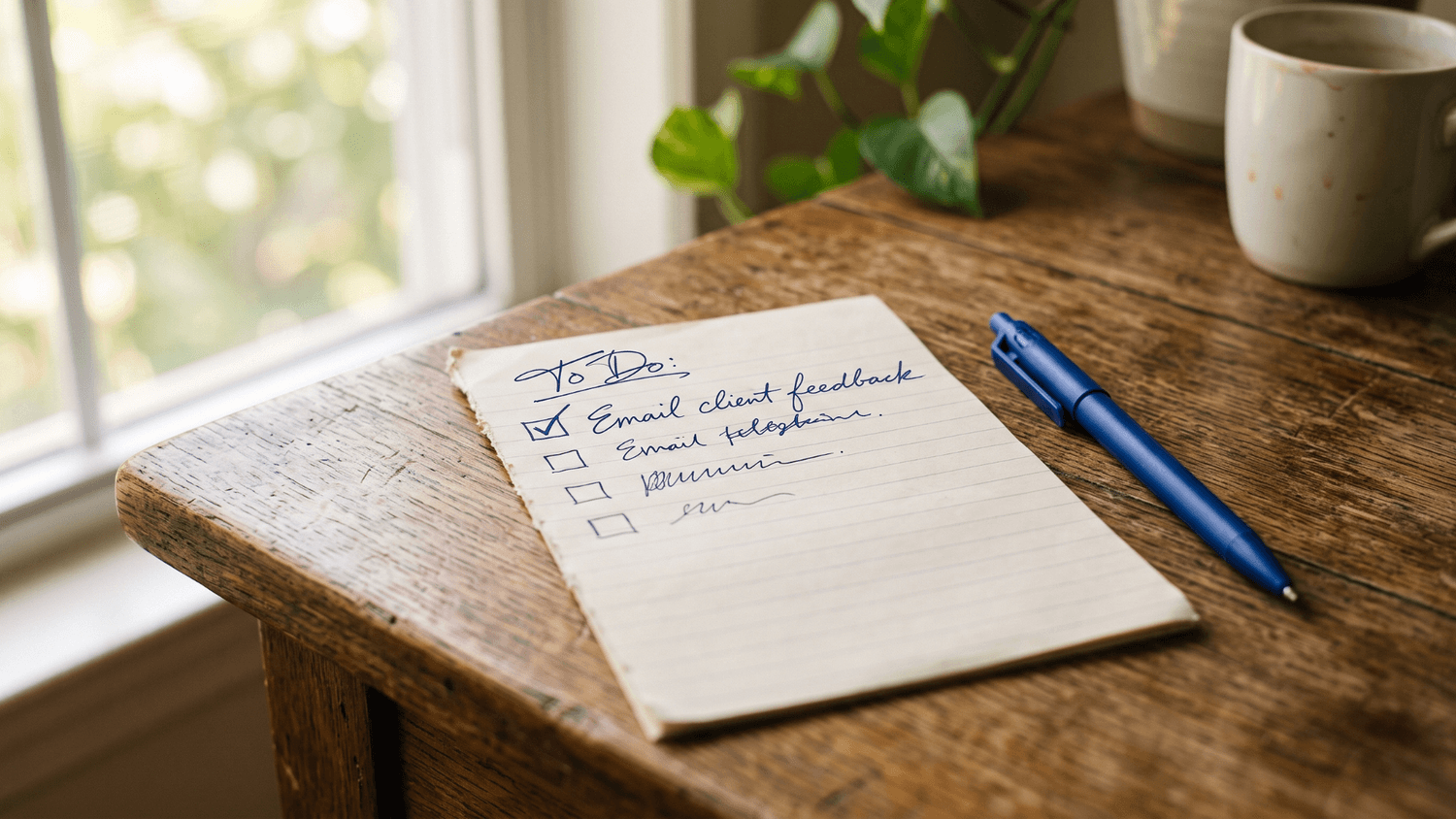Handwritten checklist with one small task checked off beside a pen in morning light.