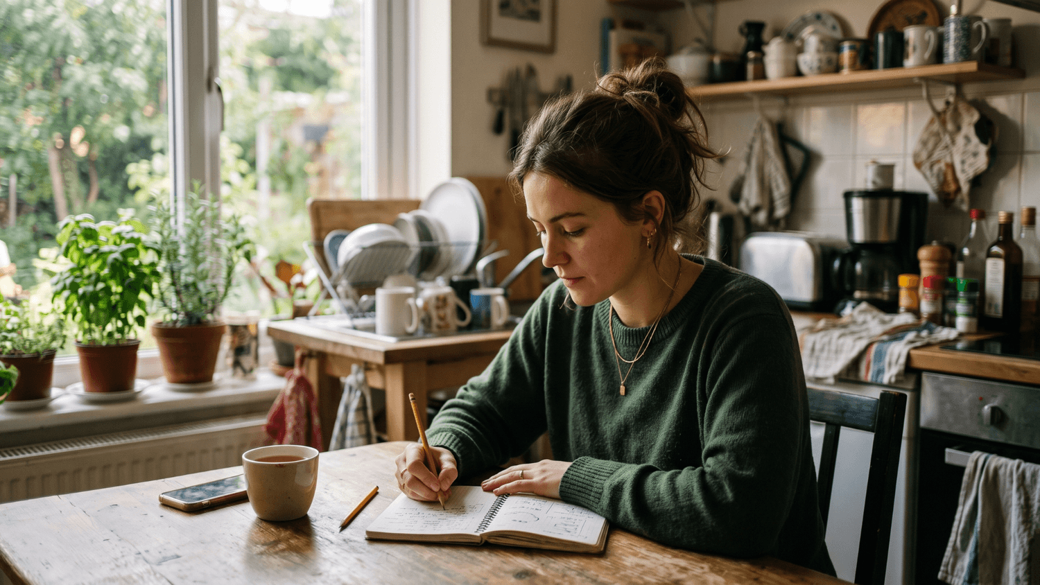 Person focusing on one small notebook task at a kitchen table despite clutter in the background.
