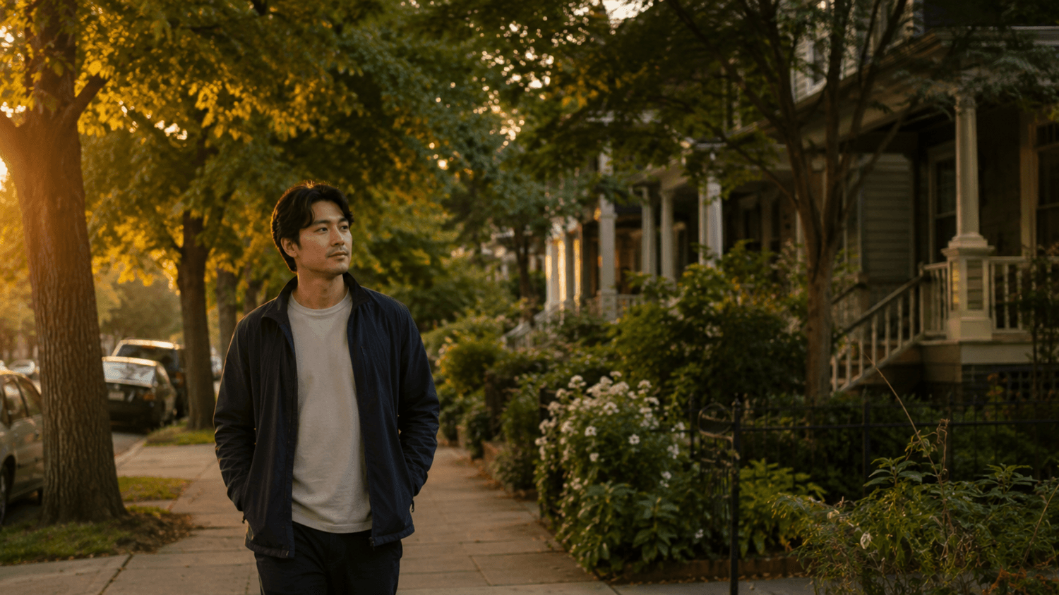 Person taking a peaceful walk through a quiet neighborhood during golden hour.