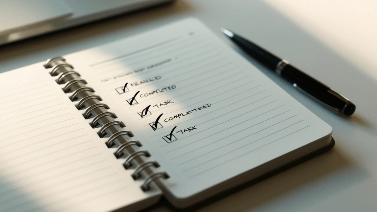 Overhead view of a notebook showing several small completed tasks beside a pen.