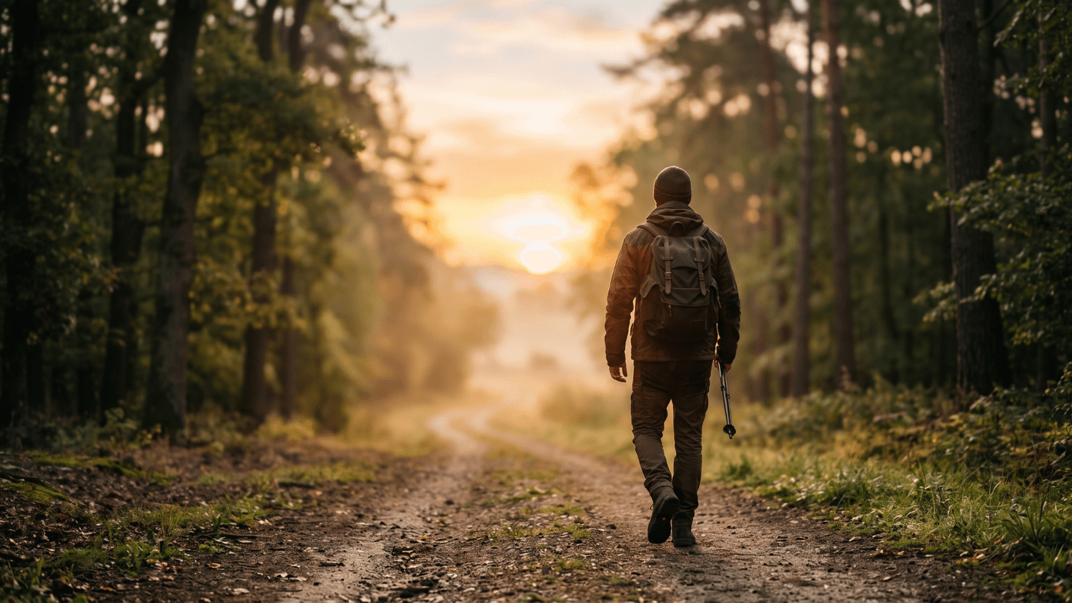 Confident person walking steadily along a tree-lined path in the golden sunrise.