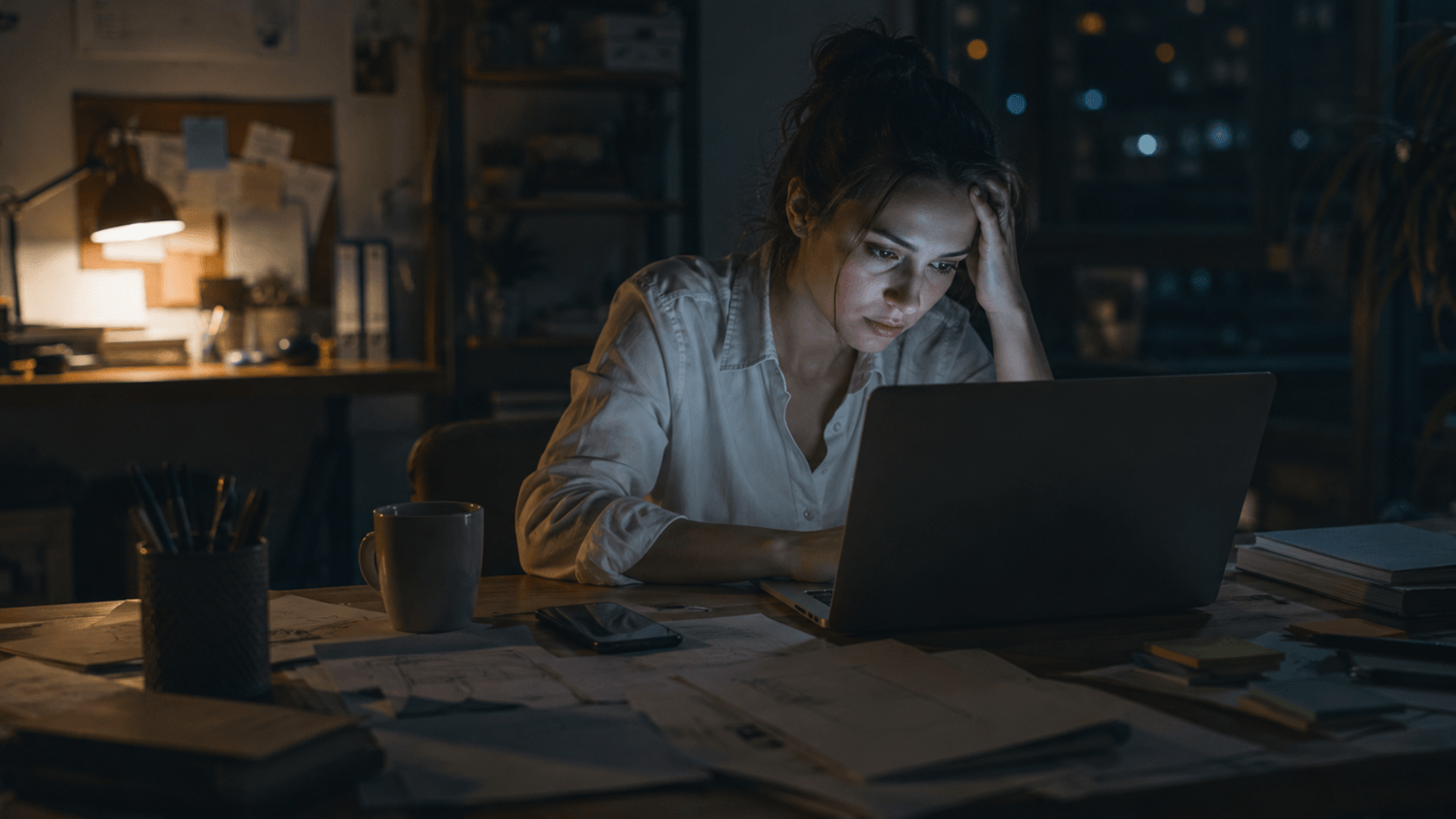 Tired person working late at a cluttered desk with a laptop, phone, and scattered notes.