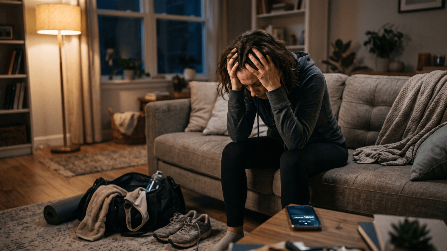 Stressed person sitting on a couch with workout gear nearby after missing a planned workout.