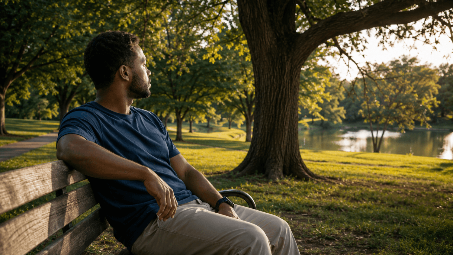 Relaxed person sitting without a phone on a park bench during a quiet afternoon.