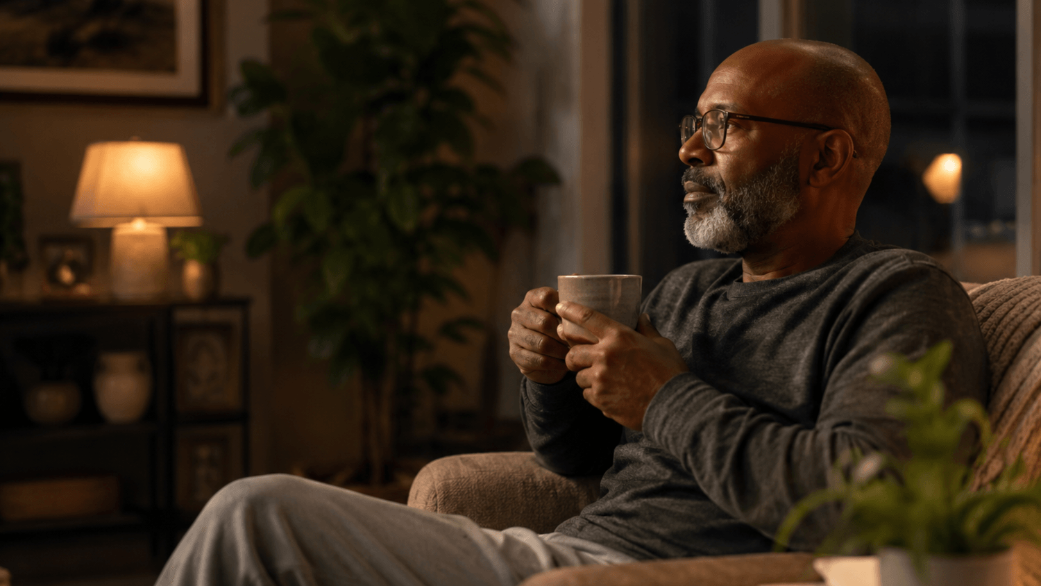 Person relaxing at home with a cup of tea in a peaceful, warmly lit living space.
