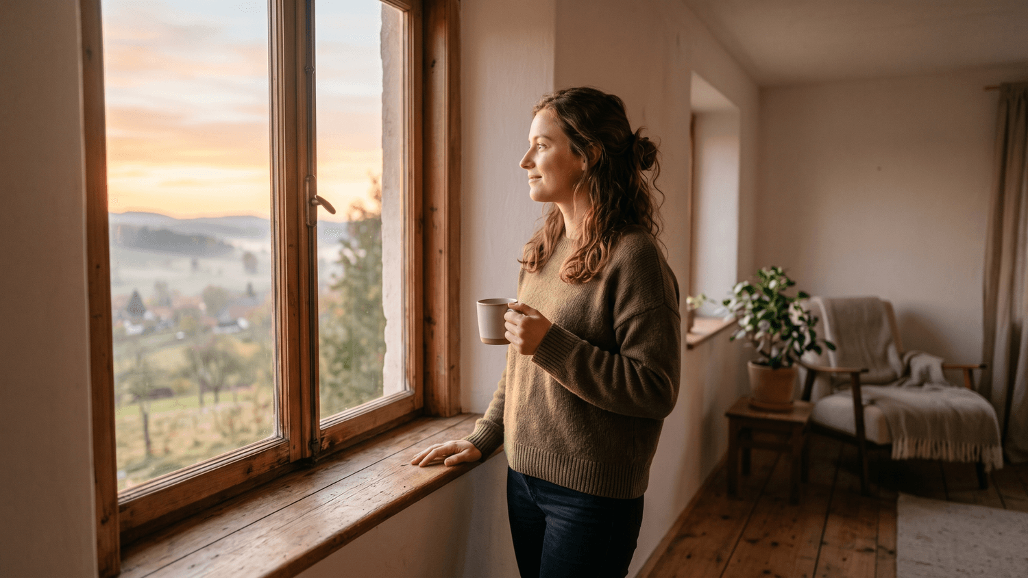 Calm person looking out a window at sunrise with a renewed sense of peace and clarity.
