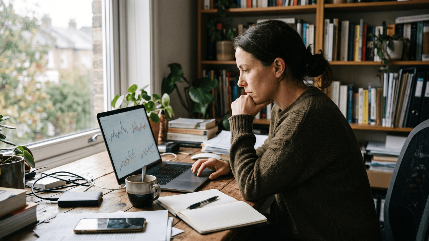 Freelancer studying fluctuating income graphs on a laptop at a cluttered desk with notes and a coffee mug.