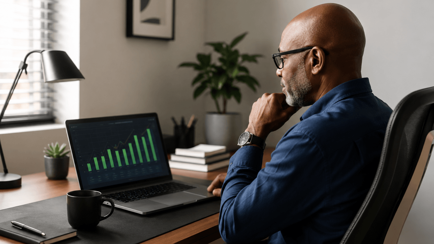 Person calmly reviewing a consistent income report on a laptop in an organized home office.