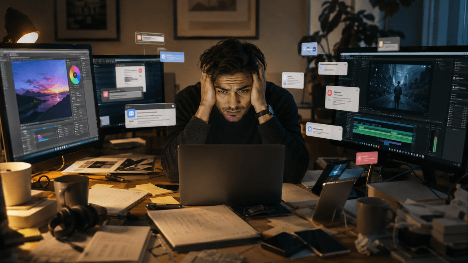 Overwhelmed freelancer managing multiple tasks across several screens with notes and devices scattered around the workspace.