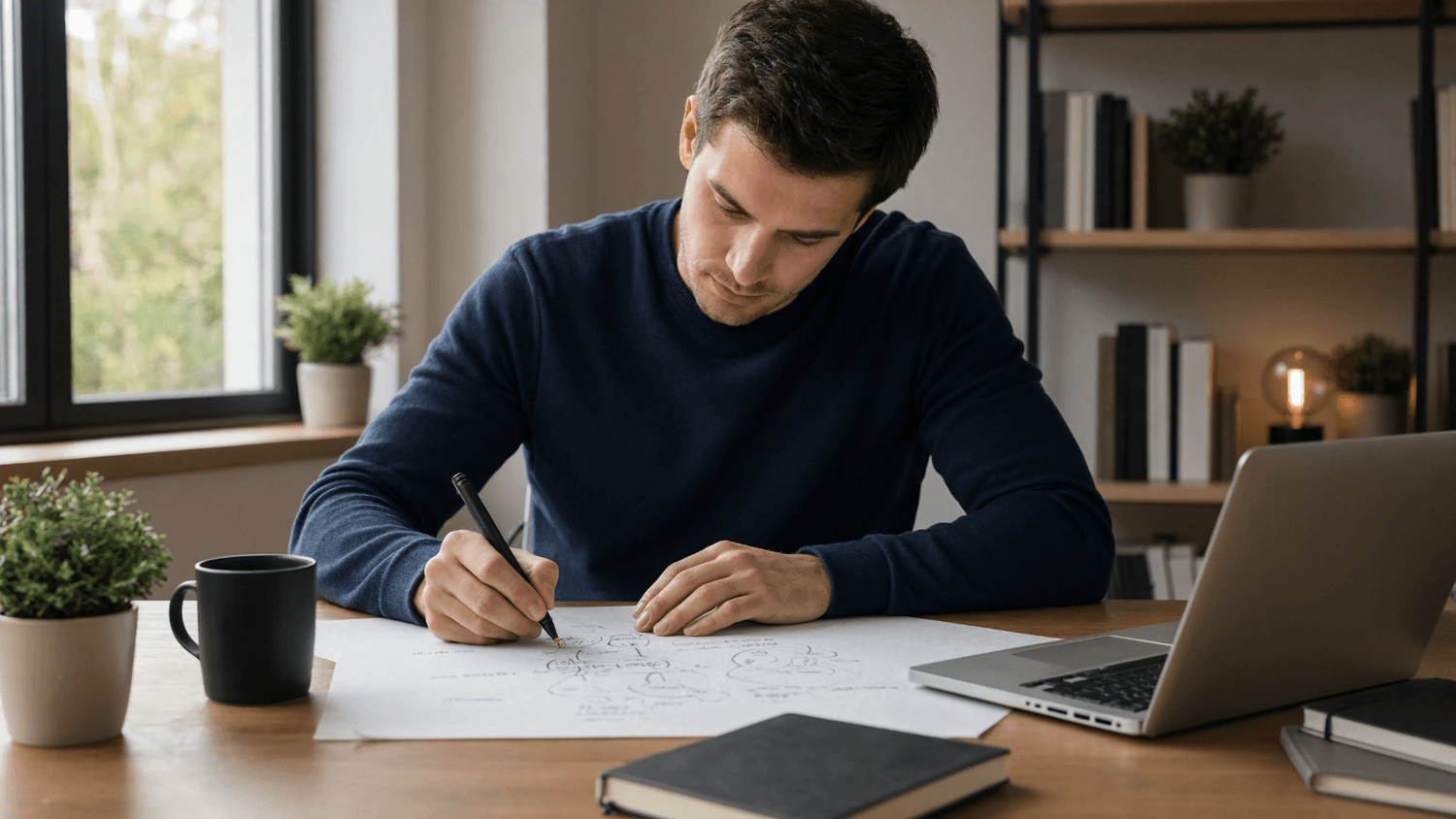 Person mapping out multiple income streams on paper at an organized desk in a warm home workspace.