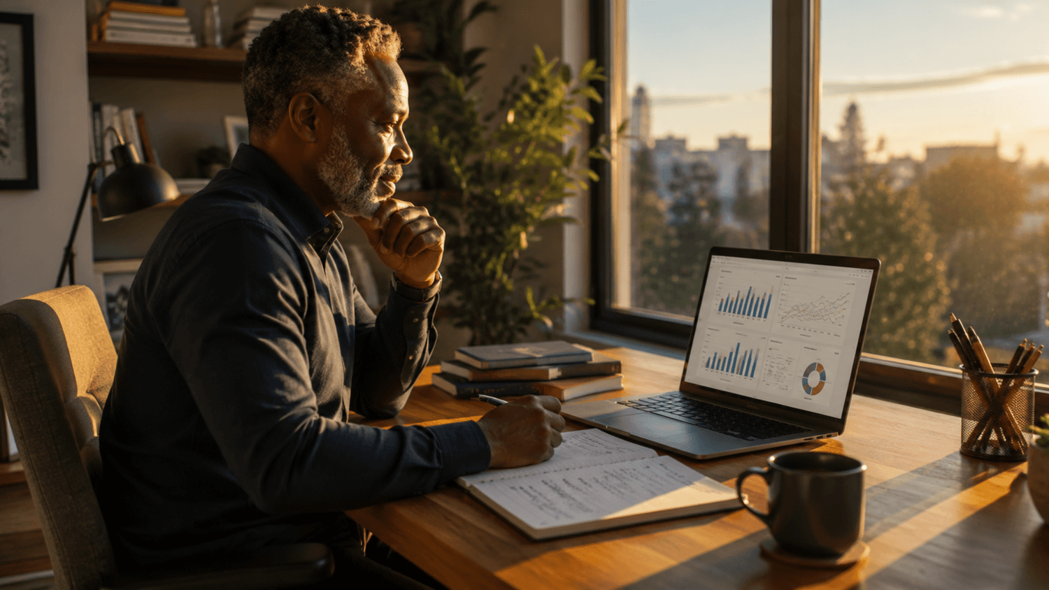 Person confidently reviewing a financial plan with multiple income streams on a laptop and notebook.