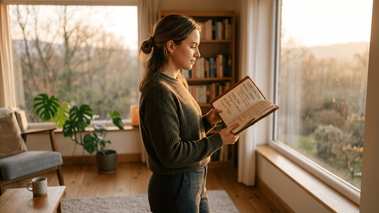 Confident person holding a notebook with a clear income plan in a peaceful home at sunrise.