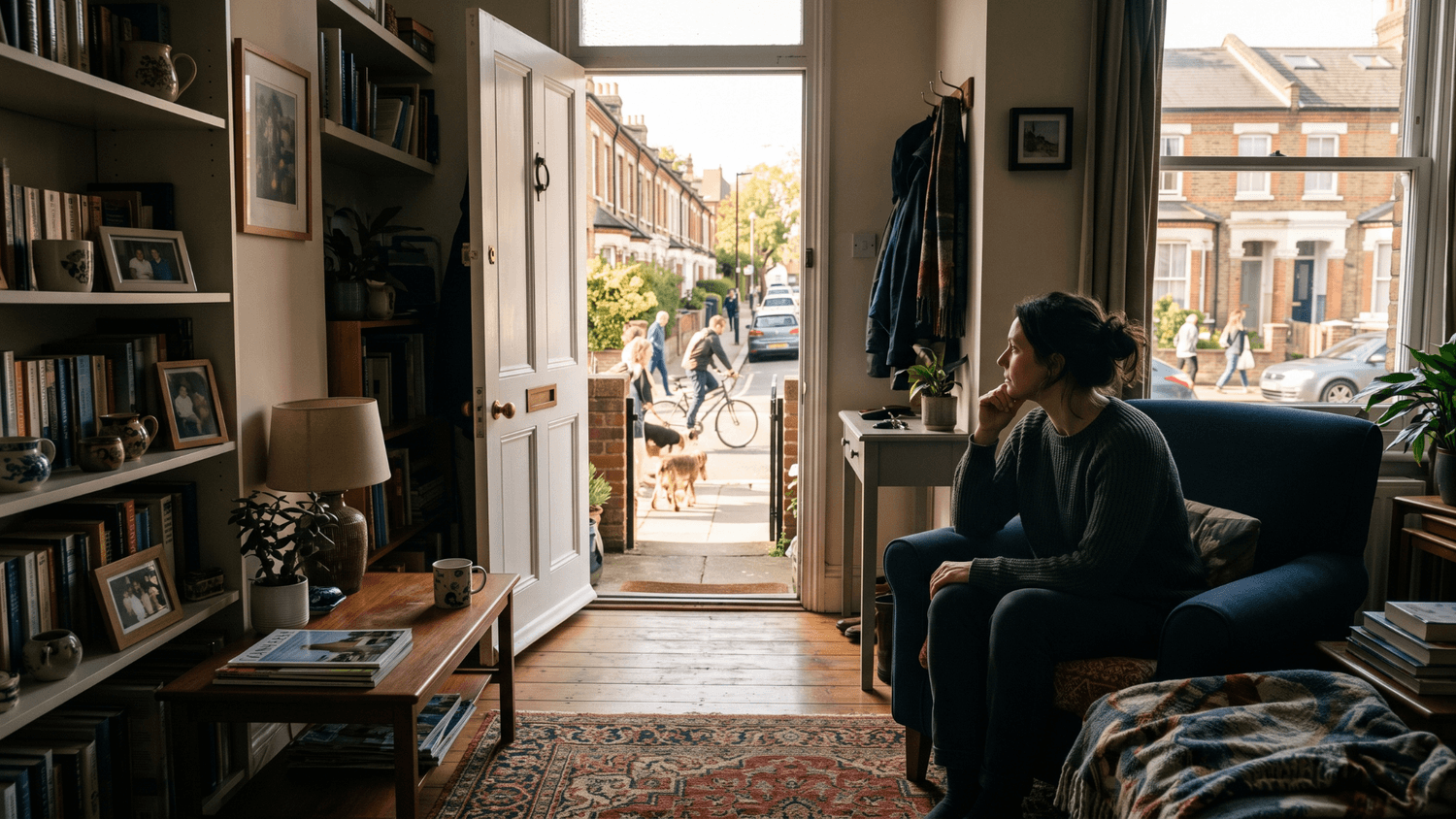 Adult sitting in a familiar living room and looking through an open door toward a bright, lively neighborhood.