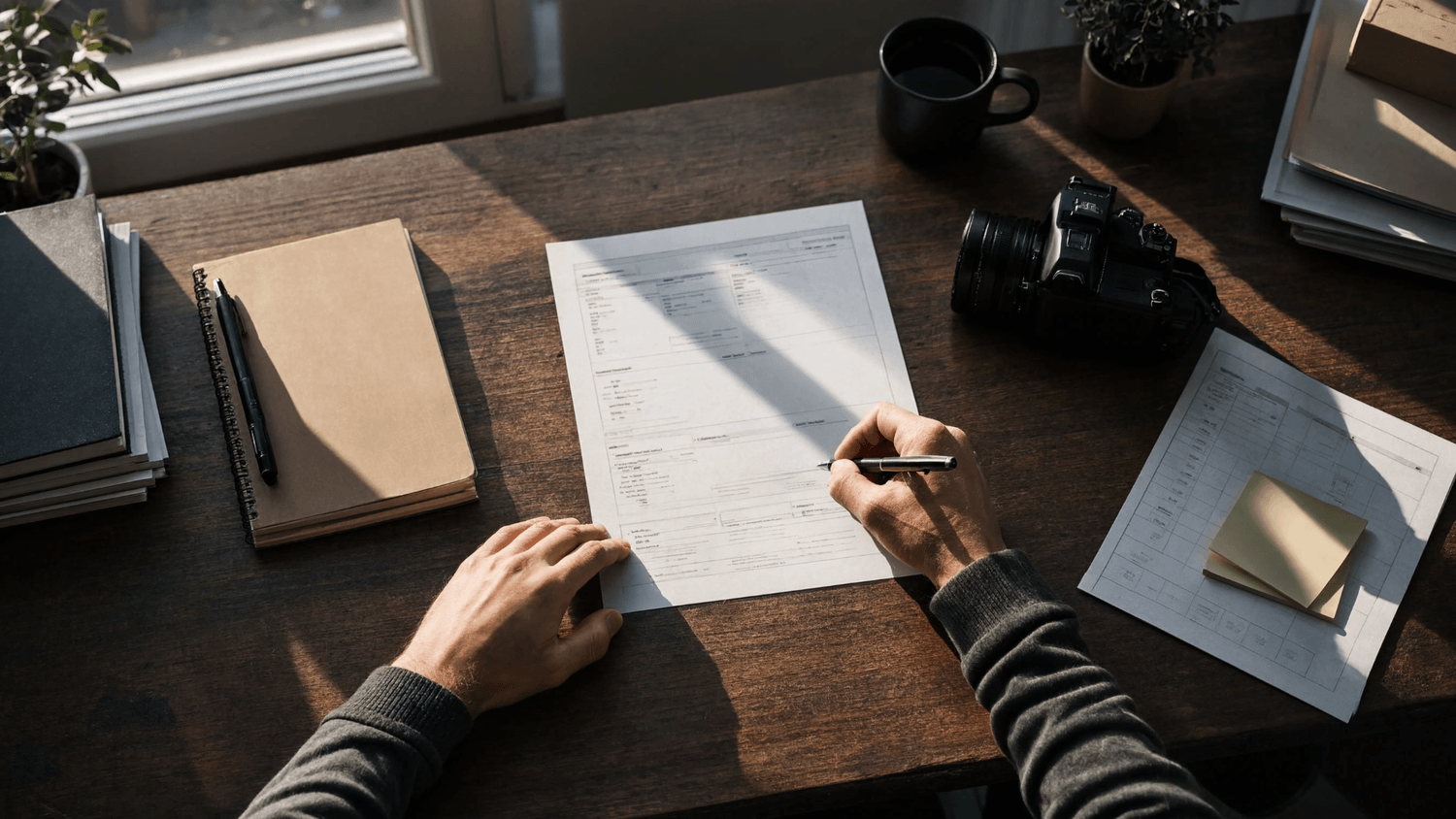 Person hesitating over an unfinished application, closed notebook, unused camera, and other delayed goals on a desk.