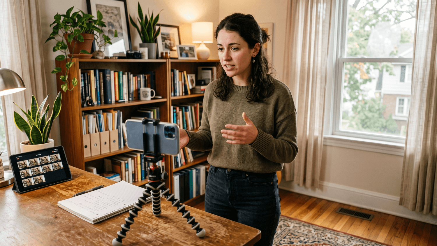 Person nervously practicing a video presentation with a smartphone and handwritten notes in a home office.