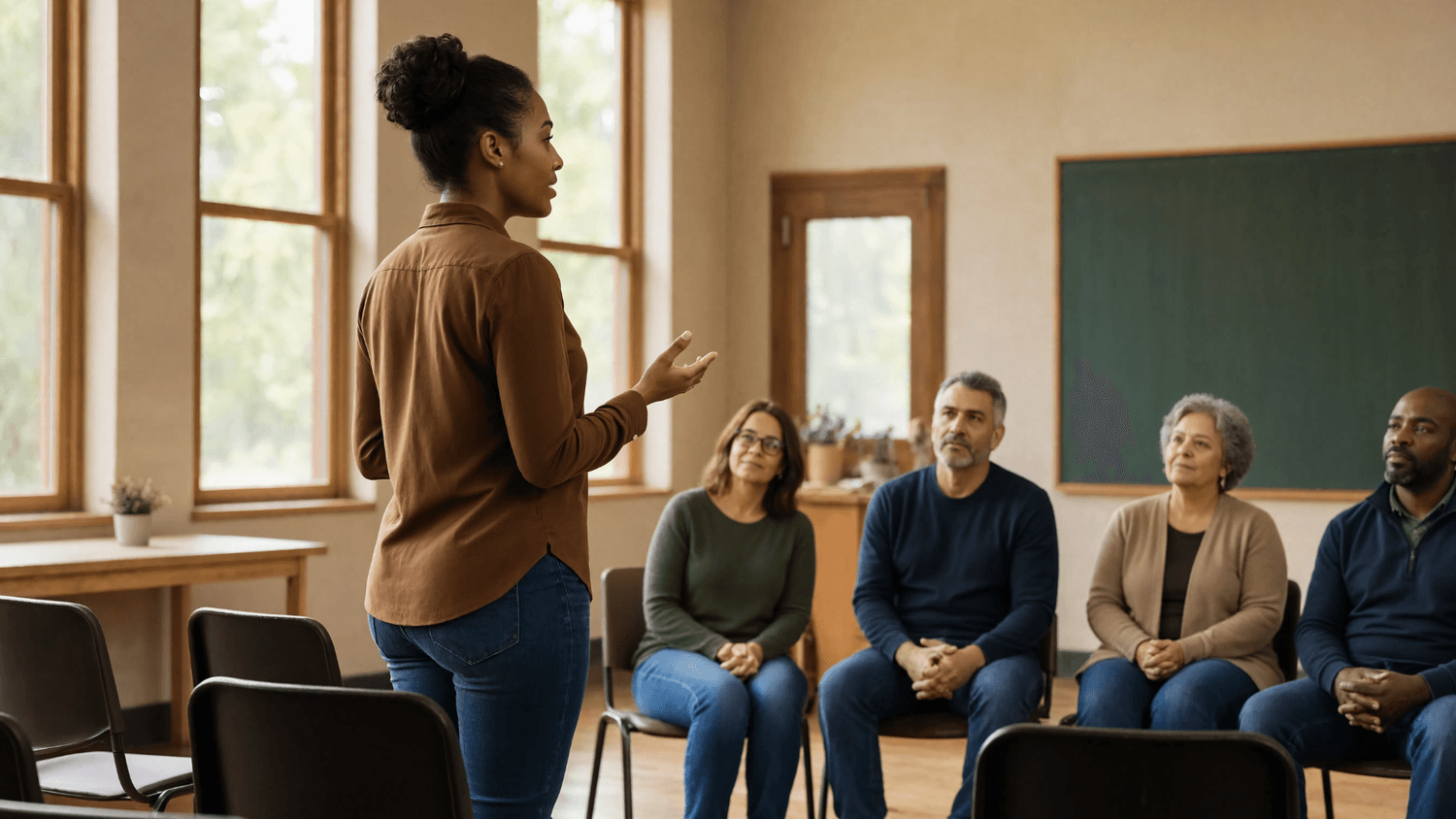 Person building confidence while practicing a presentation for supportive listeners in a community meeting room.