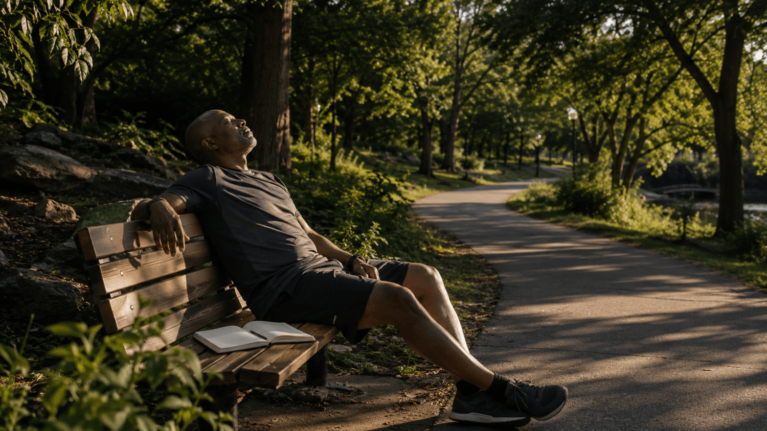 Person resting on a quiet park bench and reflecting after completing a challenging activity.