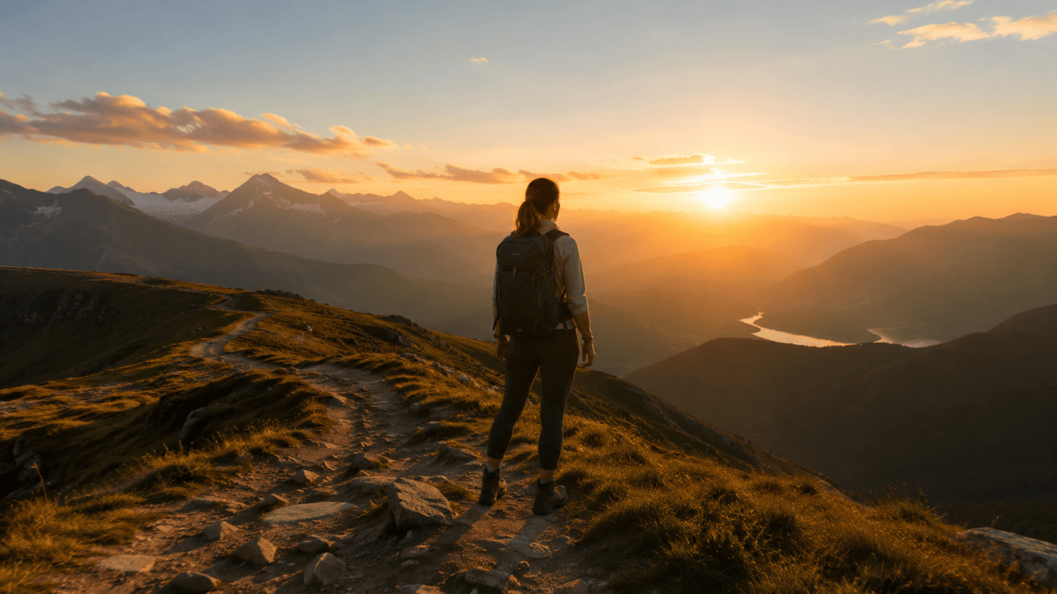 Confident person standing on an elevated trail at sunrise with a shadowed valley and winding path behind them.