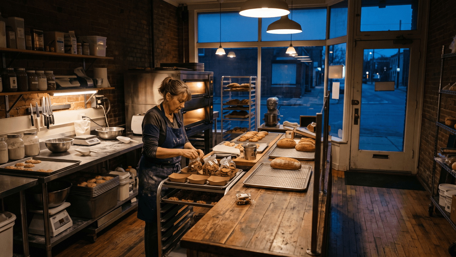Neighborhood bakery owner preparing packaged goods in a modest kitchen before sunrise.