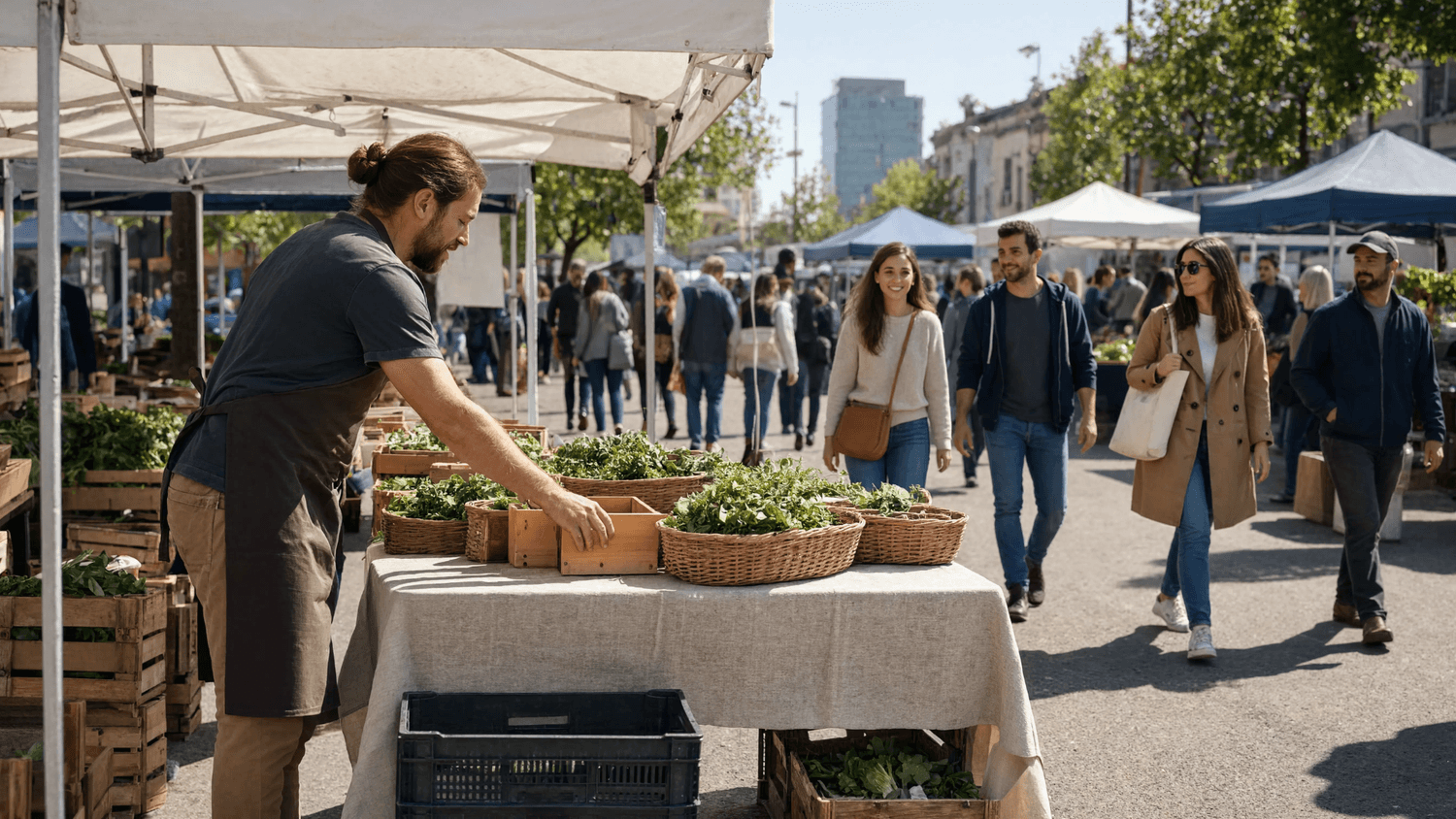 Weekend vendor setting up a table at an outdoor neighborhood market as familiar customers approach.