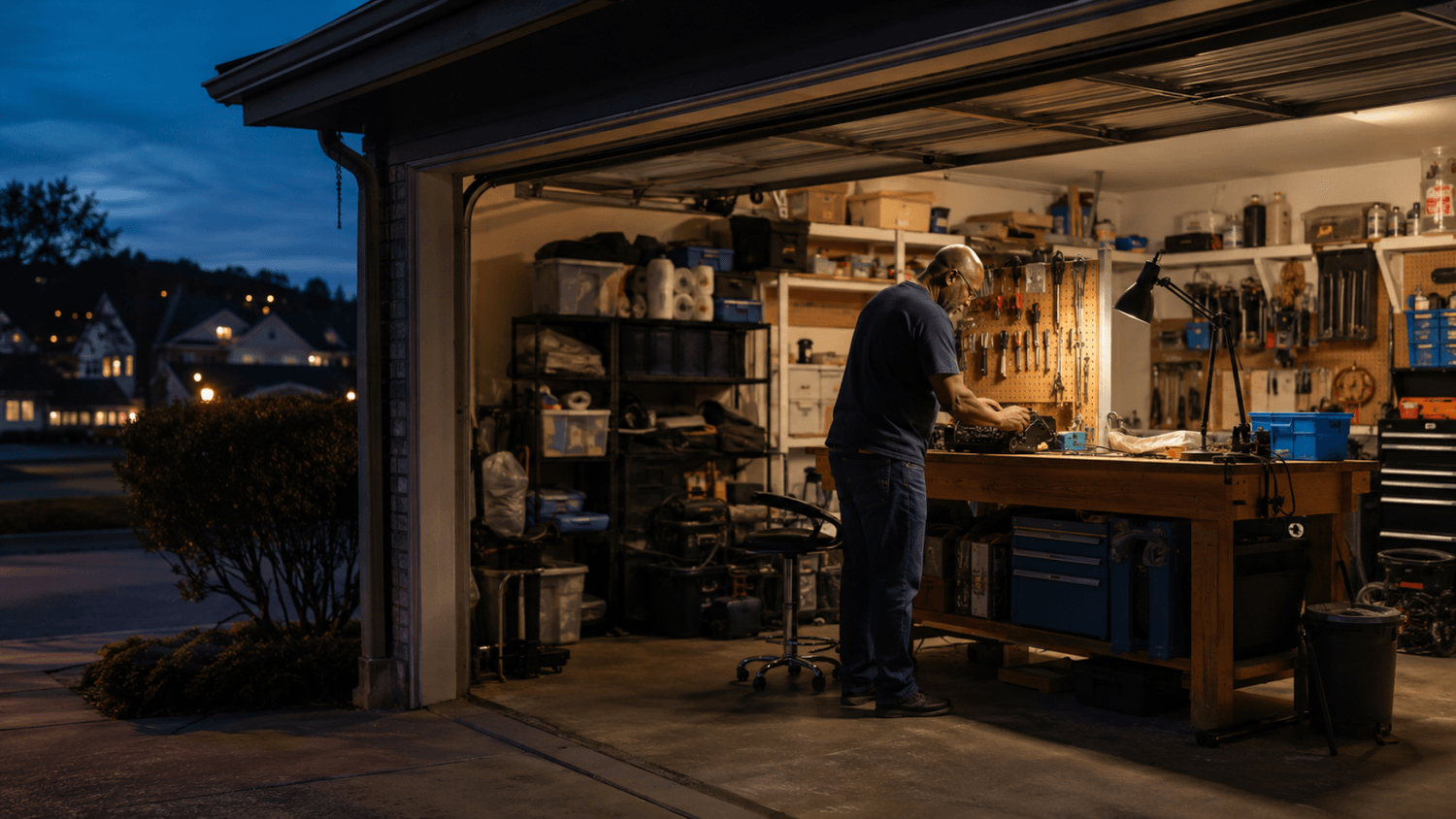 Side-hustle owner completing a customer repair order in a residential garage workshop after work.