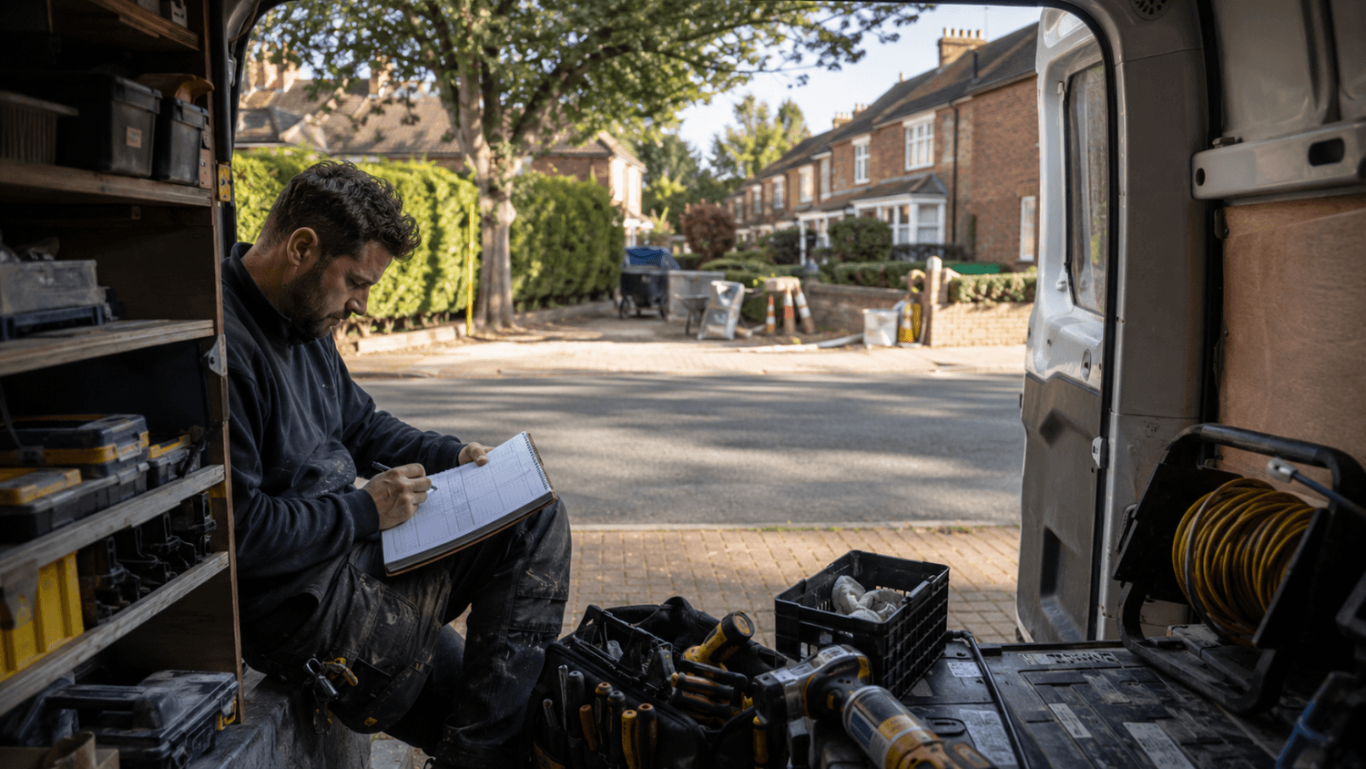 Small service business owner organizing tools and reviewing a weekly route inside a work van.