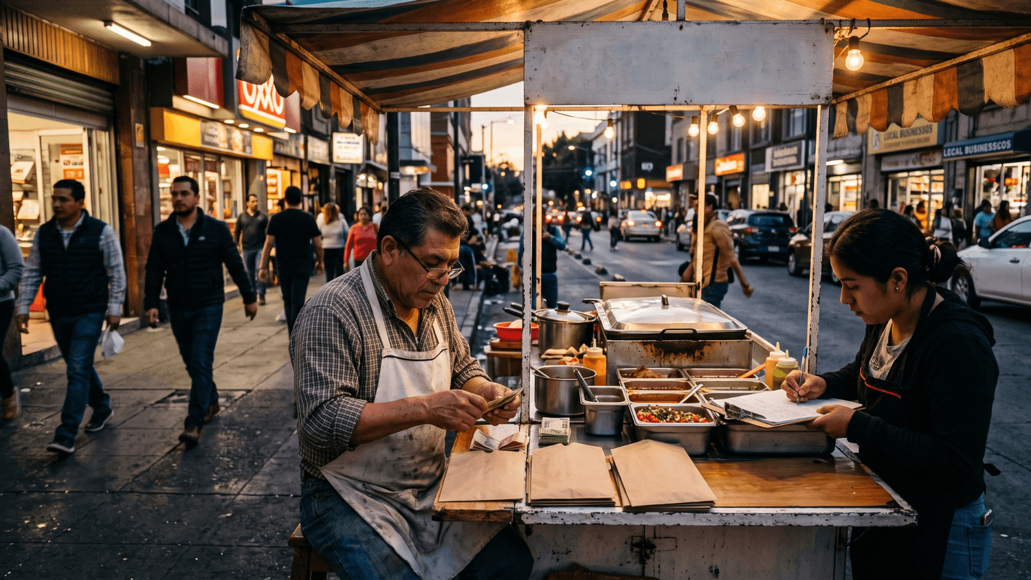 Mobile food vendor organizing modest earnings and inventory after a steady evening of service.