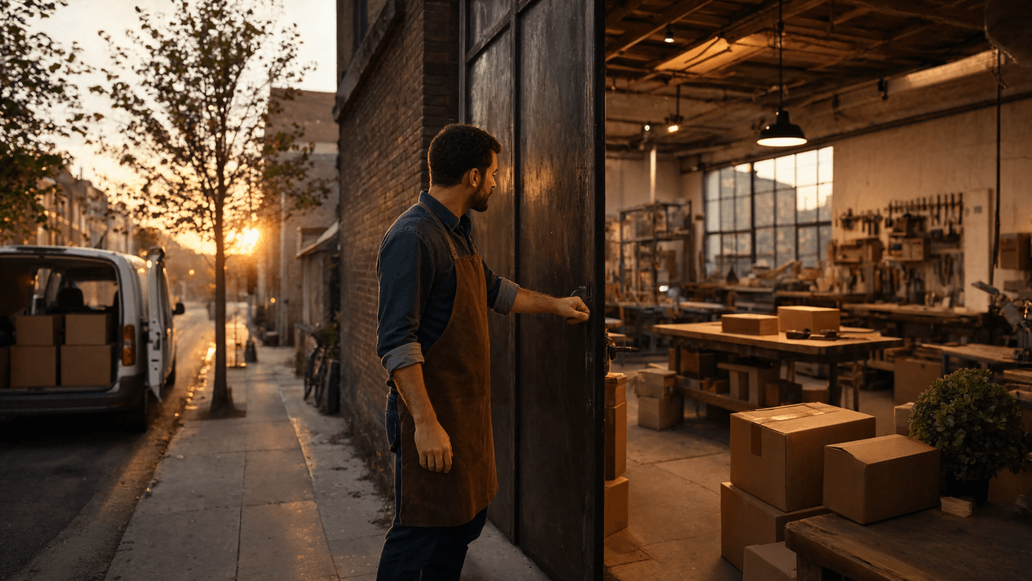 Small business owner opening an established neighborhood workshop at sunrise with completed customer orders ready inside.