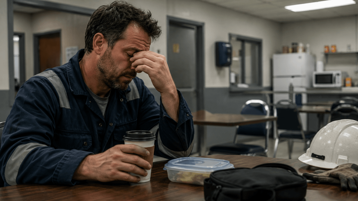 Exhausted adult holding coffee and rubbing their eyes while sitting in a workplace breakroom.