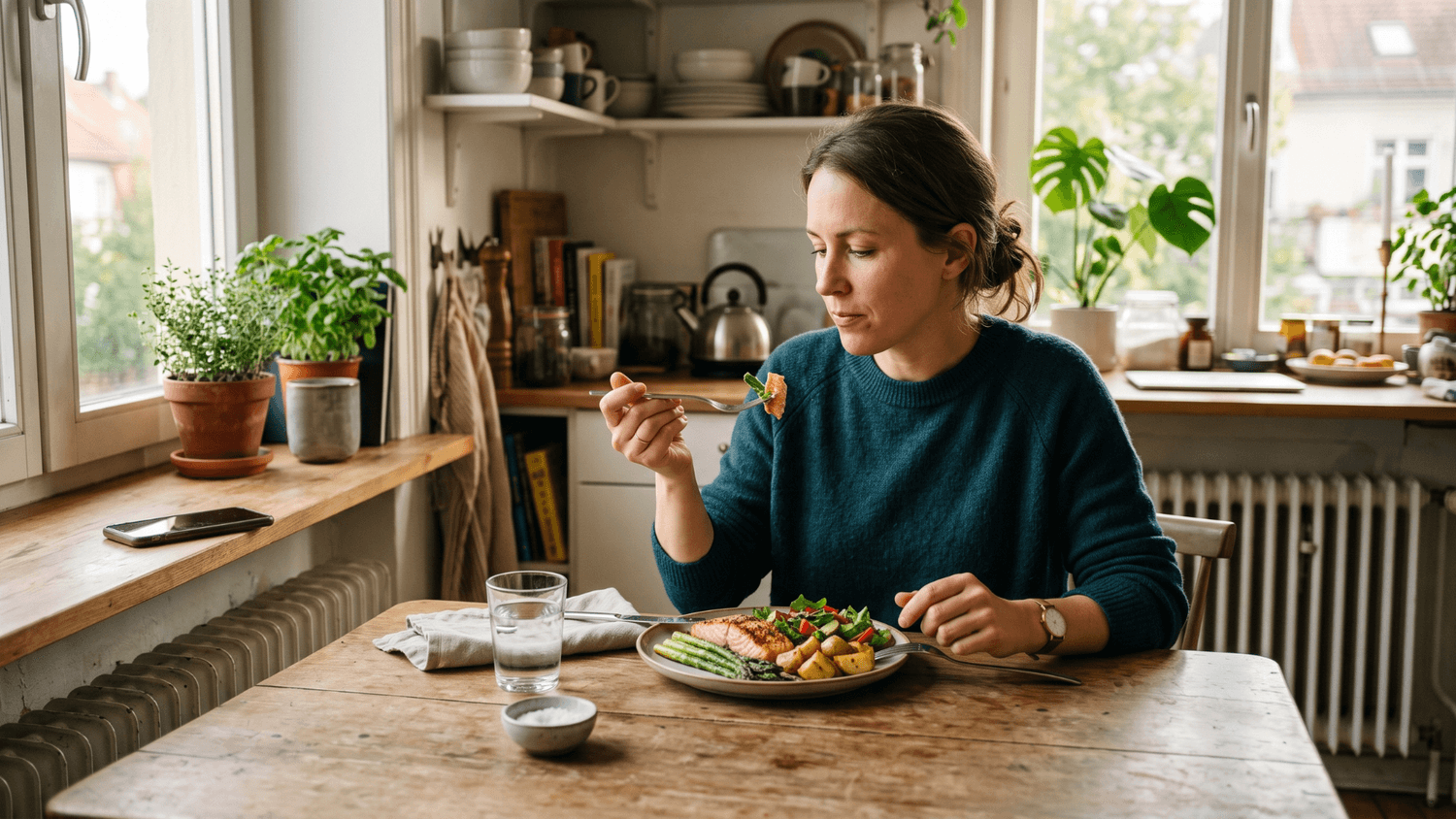 Adult mindfully eating a balanced meal at a kitchen table with their phone placed facedown nearby.