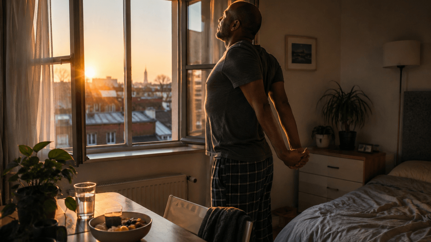 Adult standing beside an open window at sunrise after a gentle morning stretch.