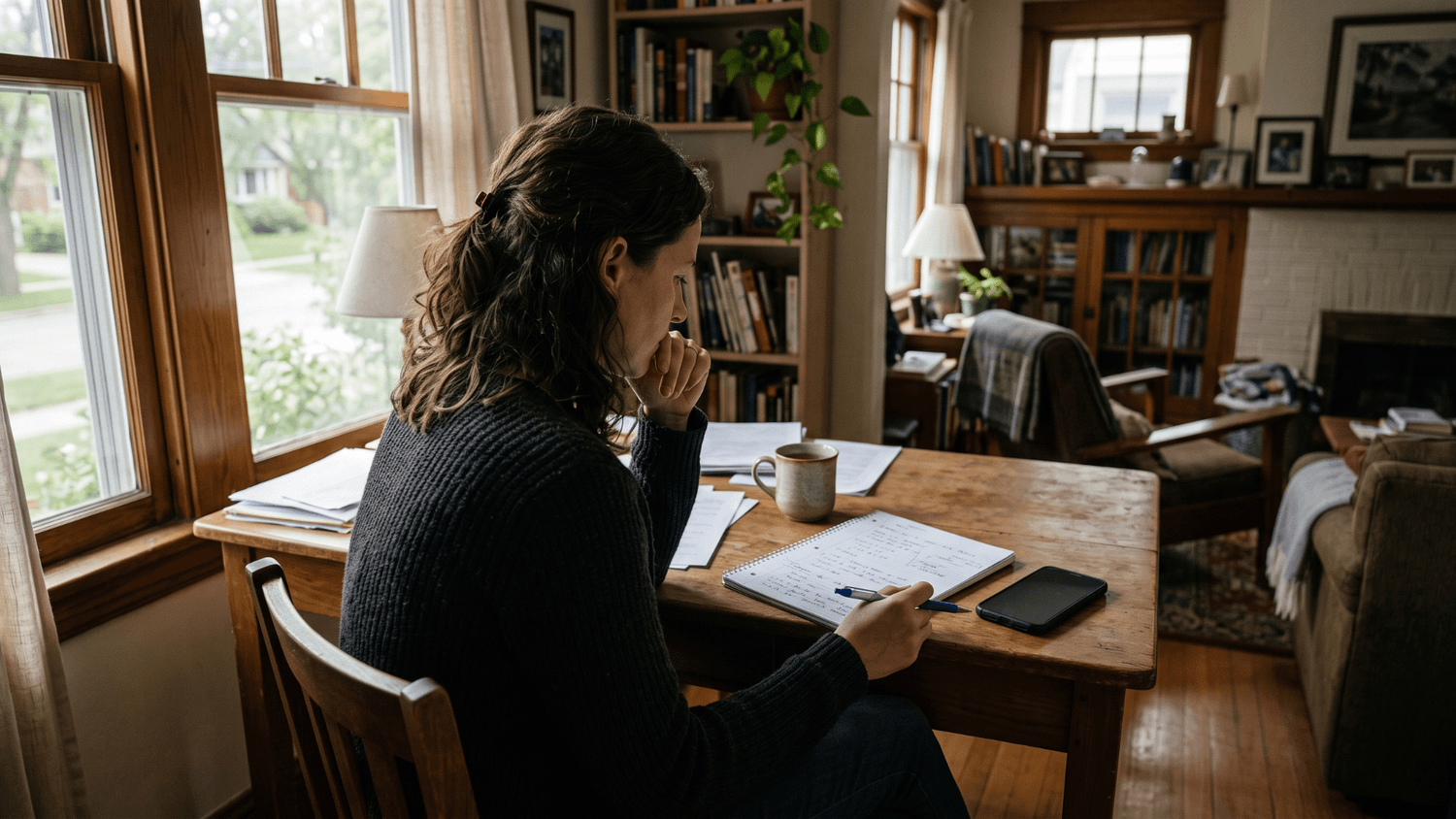 Adult sitting at a home desk with notes while preparing to make a difficult phone call.