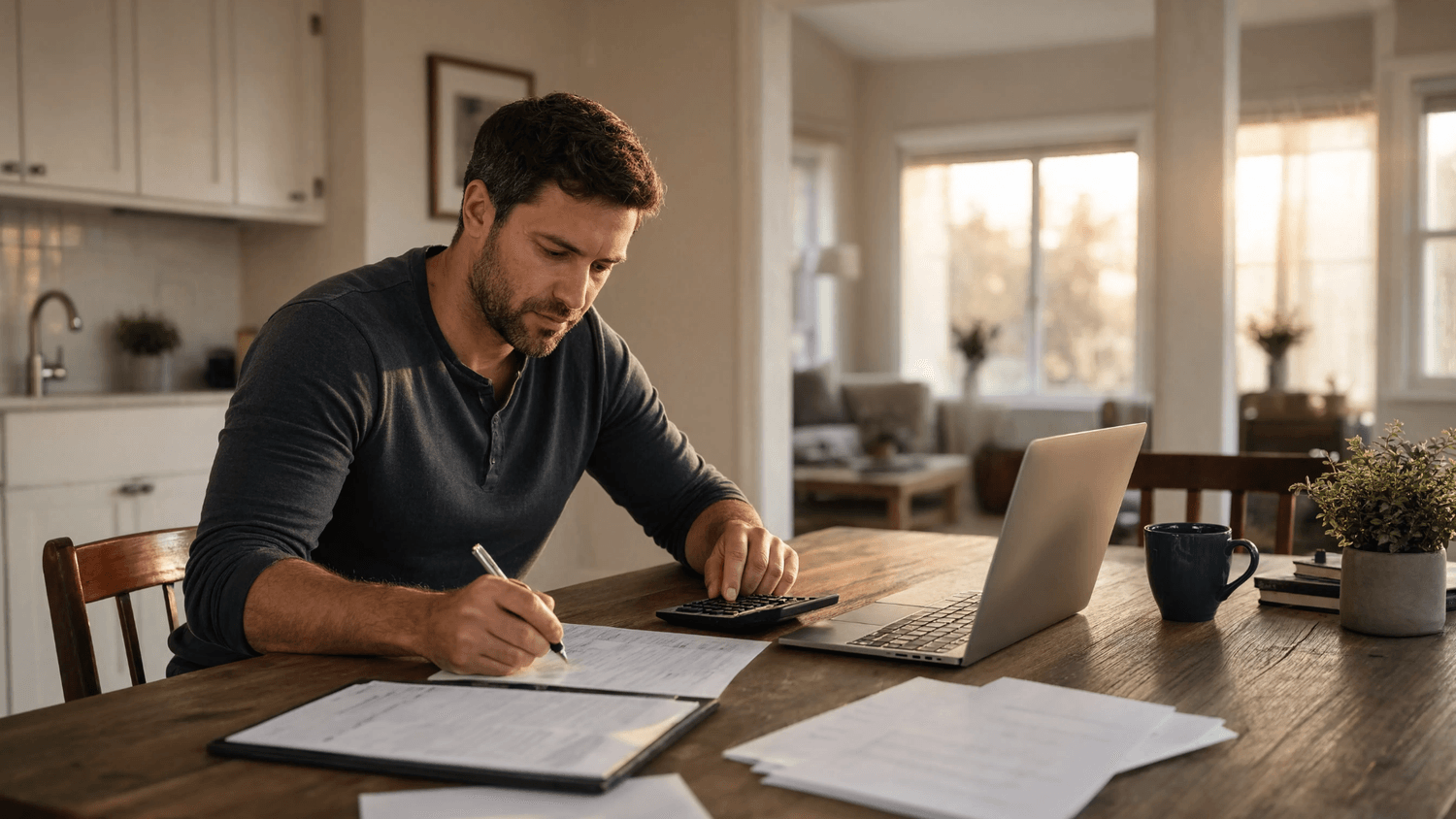 Adult completing a difficult administrative task with forms, a calculator, and a laptop at a kitchen table.
