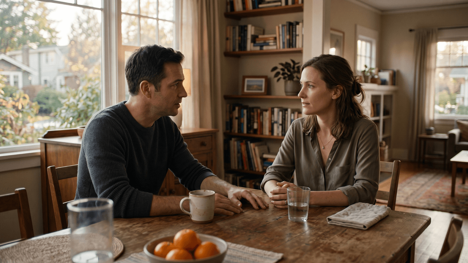 Two adults having a calm and difficult conversation across a dining table at home.
