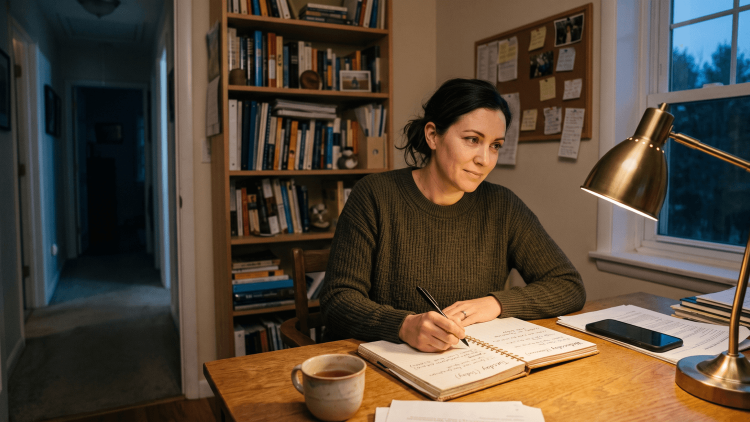 Adult reviewing an unfinished task and writing a plan for the next morning at a small desk.