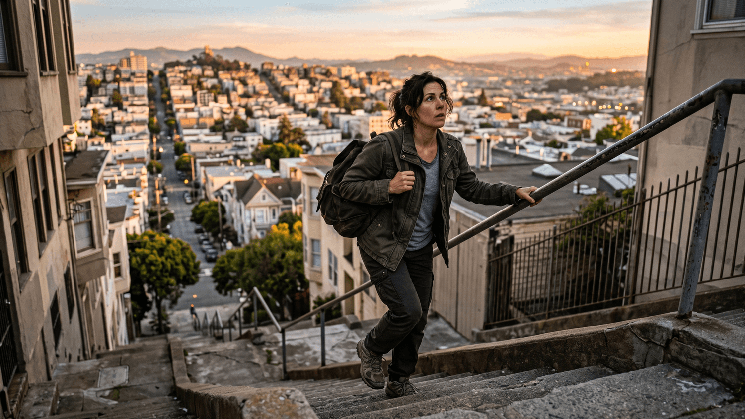 Adult steadily climbing the final portion of a long urban staircase in the warm sunset light.
