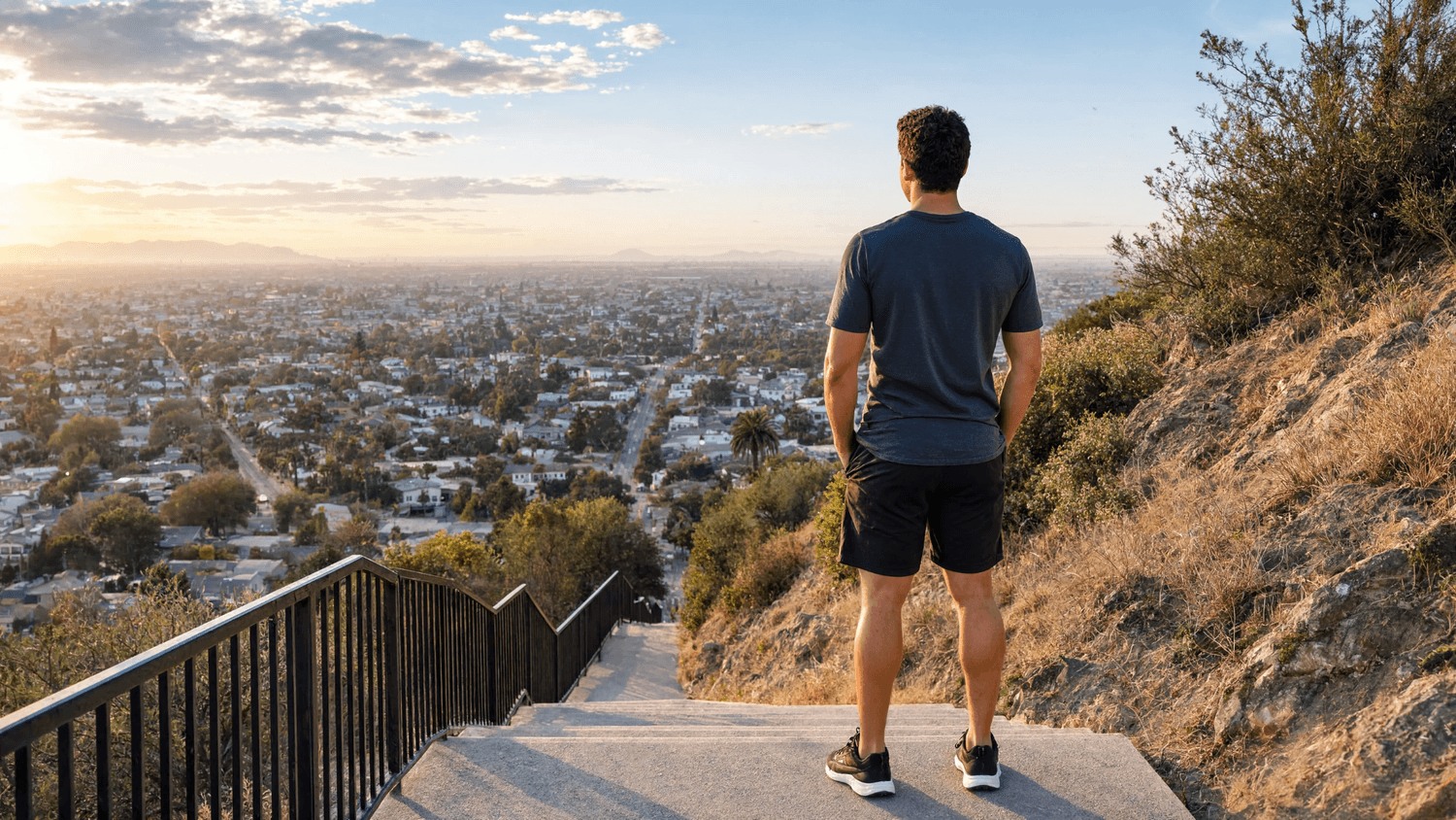 Adult standing calmly at the top of a long outdoor staircase after completing a difficult climb.