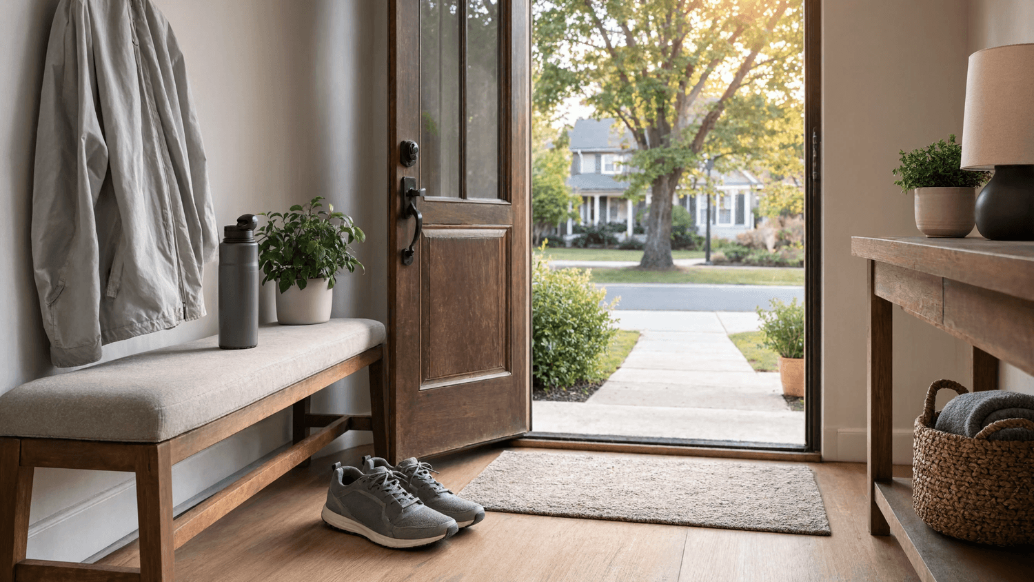 Walking shoes, a light jacket, and a filled water bottle prepared near an open doorway for an easy daily walk.