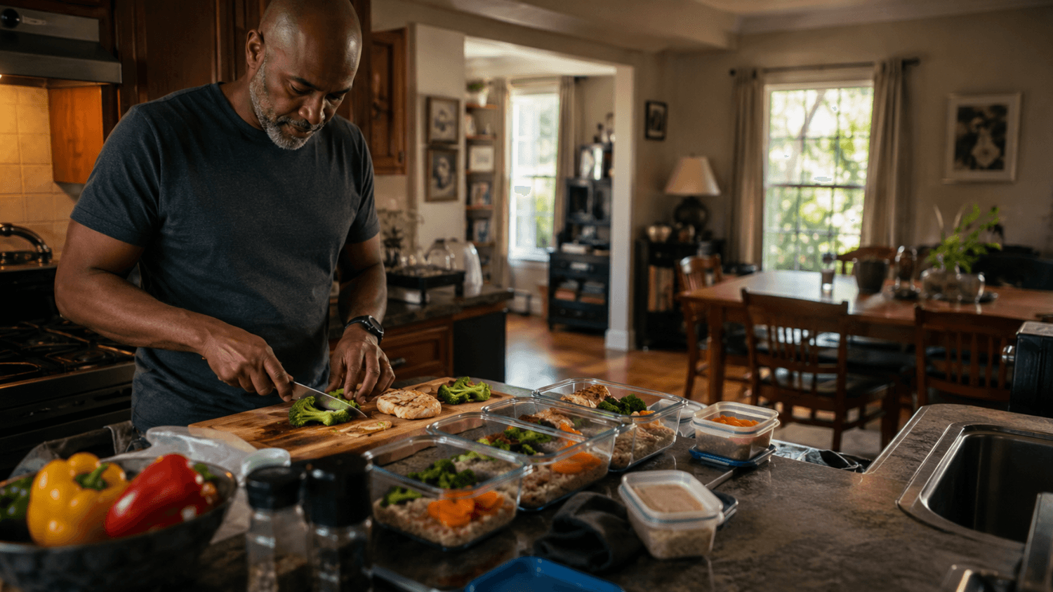 A simple balanced meal with vegetables, grains, and protein being prepared alongside reusable containers in a home kitchen.