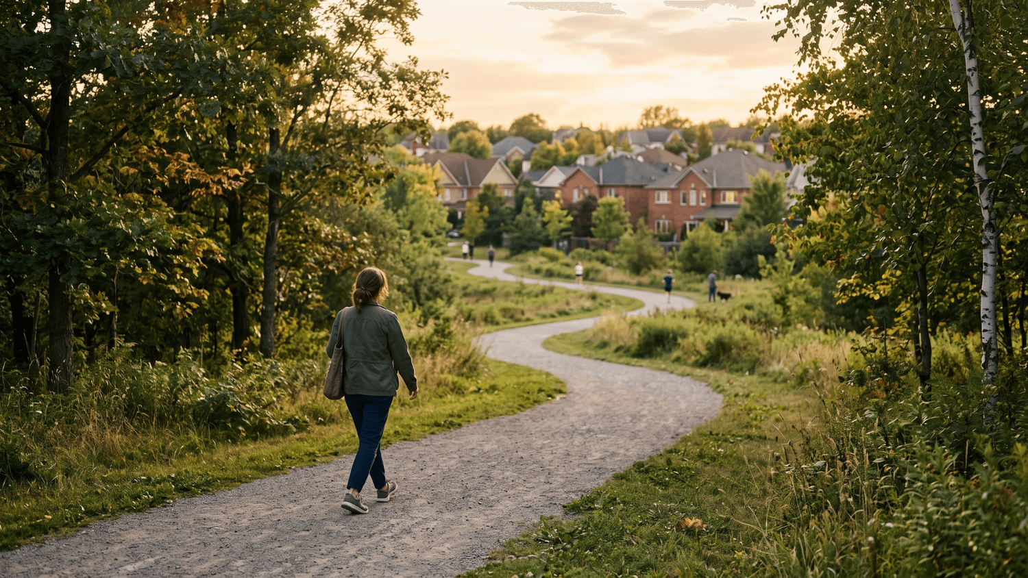 Adult taking a relaxed ten-minute walk along a winding neighborhood park path in the soft golden-hour light.