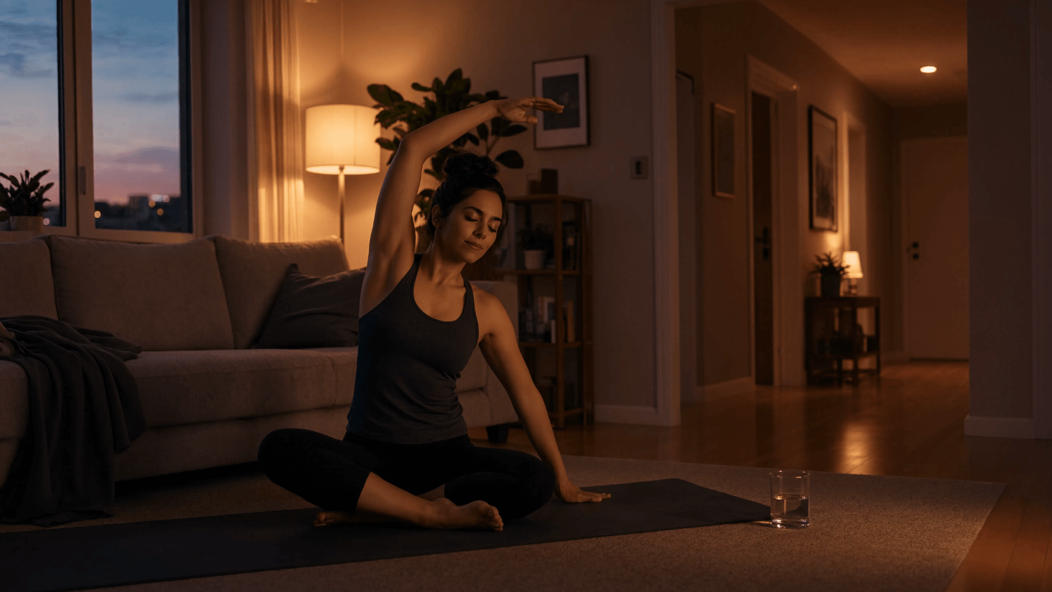 Adult completing a gentle stretching routine on an exercise mat in a quiet living room after a demanding day.