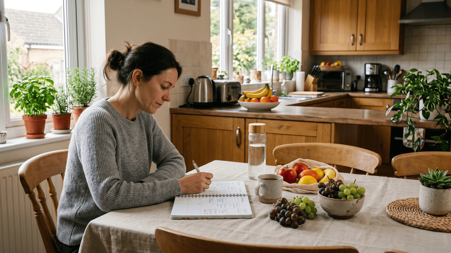 Groceries, walking shoes, a water bottle, and a handwritten calendar arranged for relaxed weekly health planning at home.