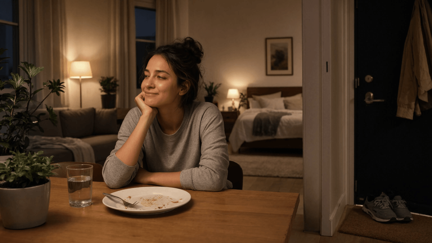 Adult relaxing at home after completing simple health habits, with a balanced meal, walking shoes, water, and bedding nearby.