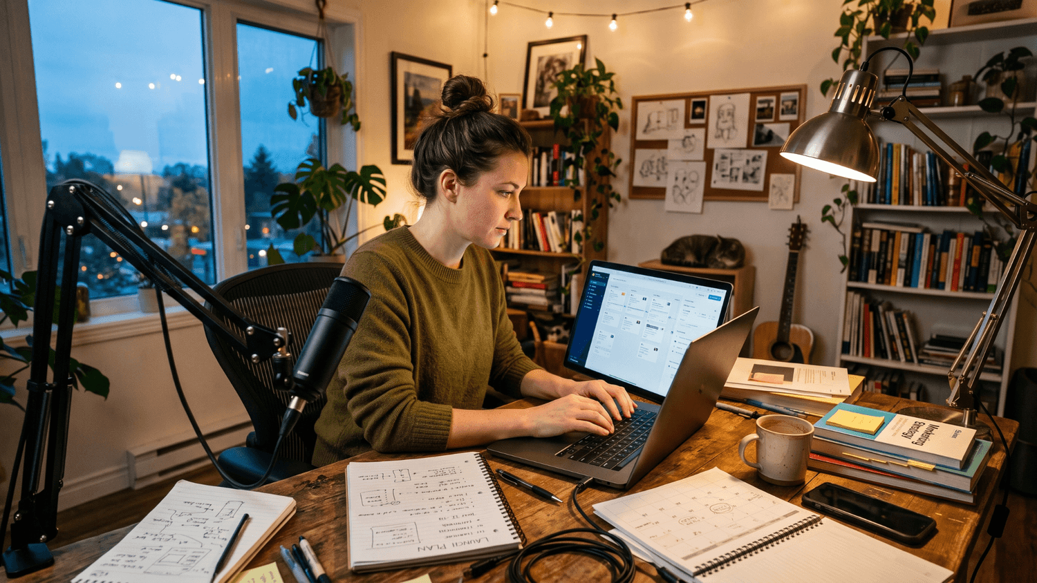 Digital creator building an online product at a home workstation with notes, a microphone, and reference materials.