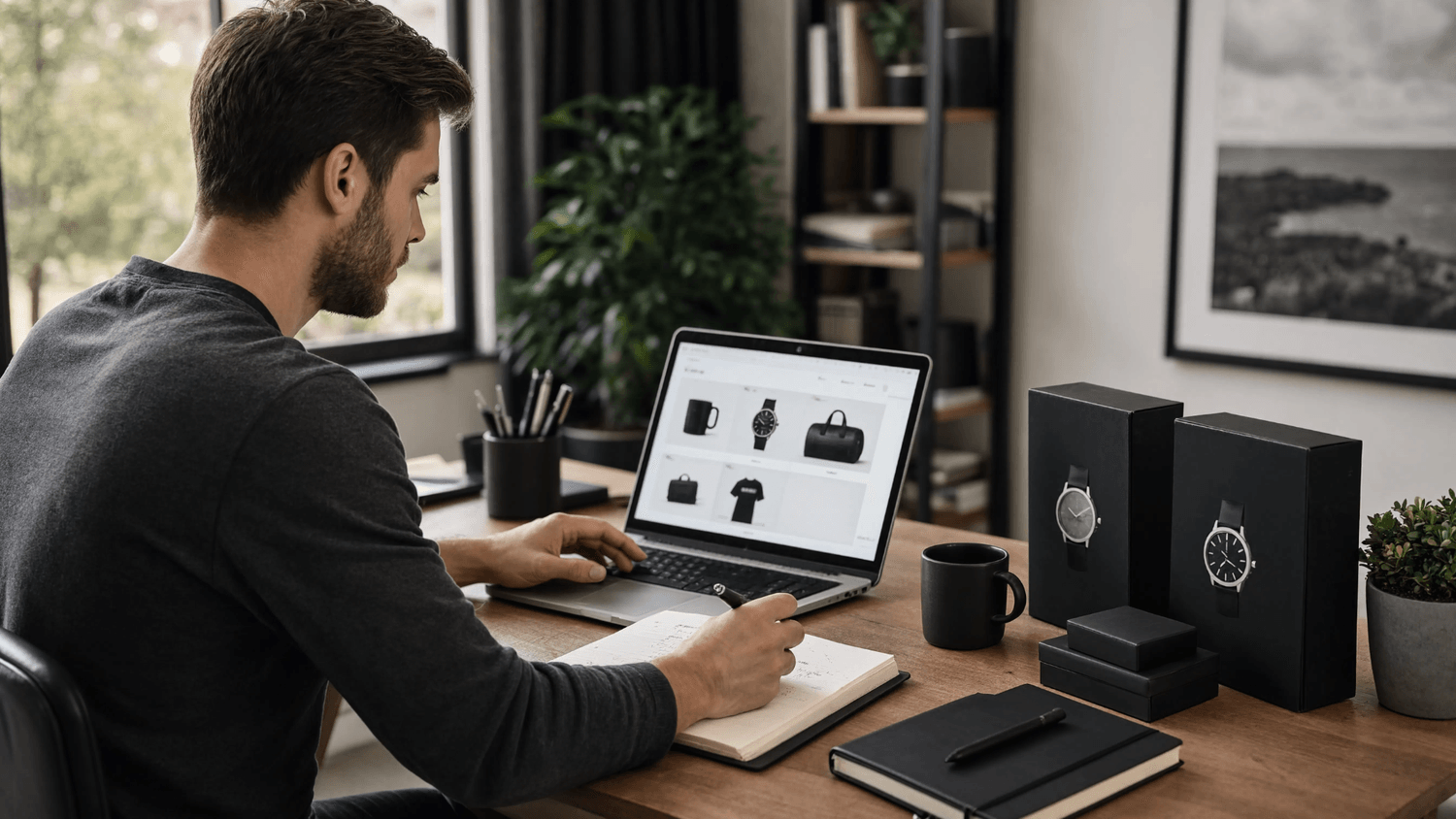 Small business owner reviewing an automated online storefront and recording product performance in a notebook.